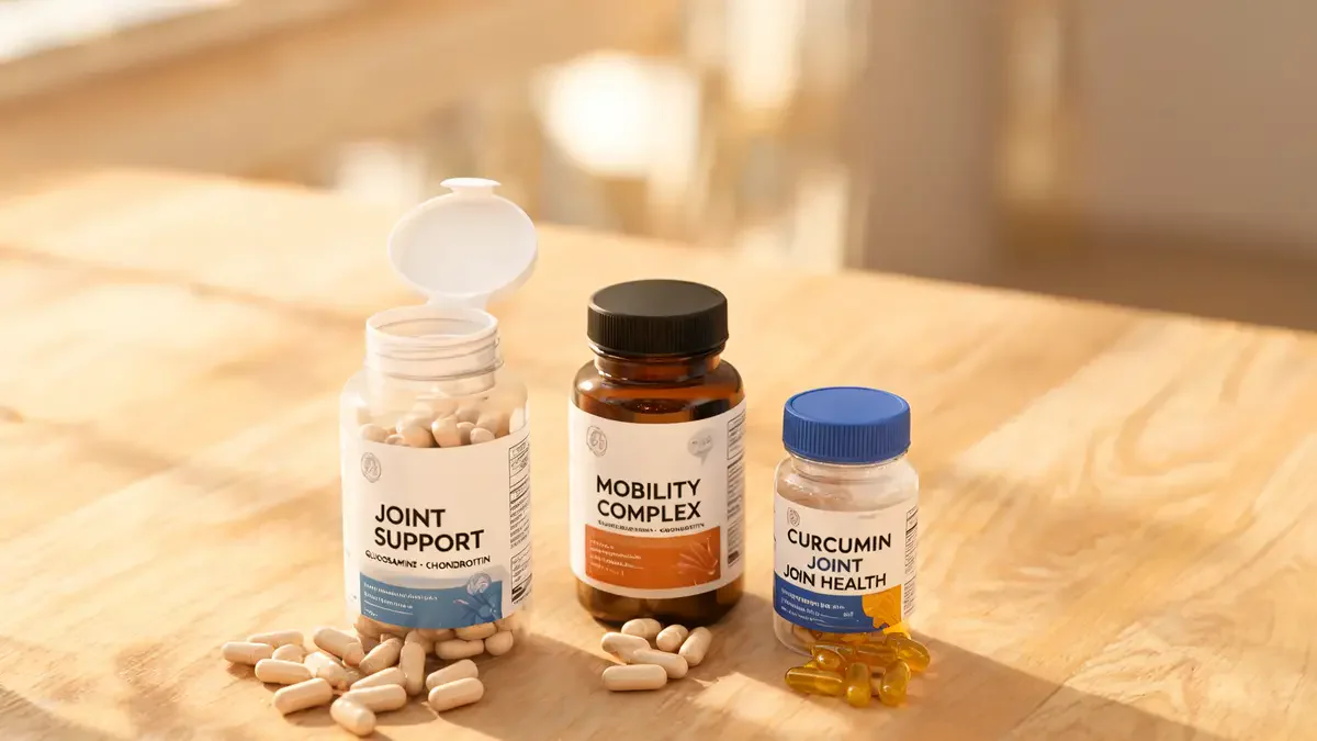 Joint health supplements arranged on a clean surface
