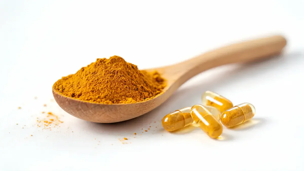 Turmeric supplements and powder on slate surface