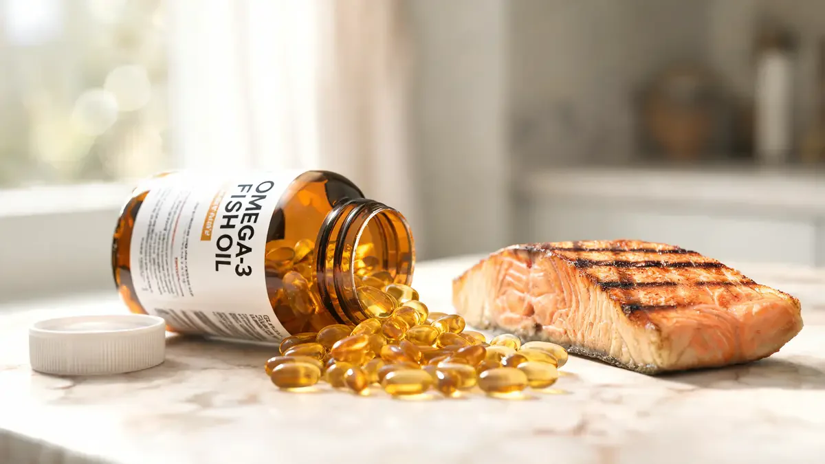 Omega-3 fish oil capsules on dark wood surface