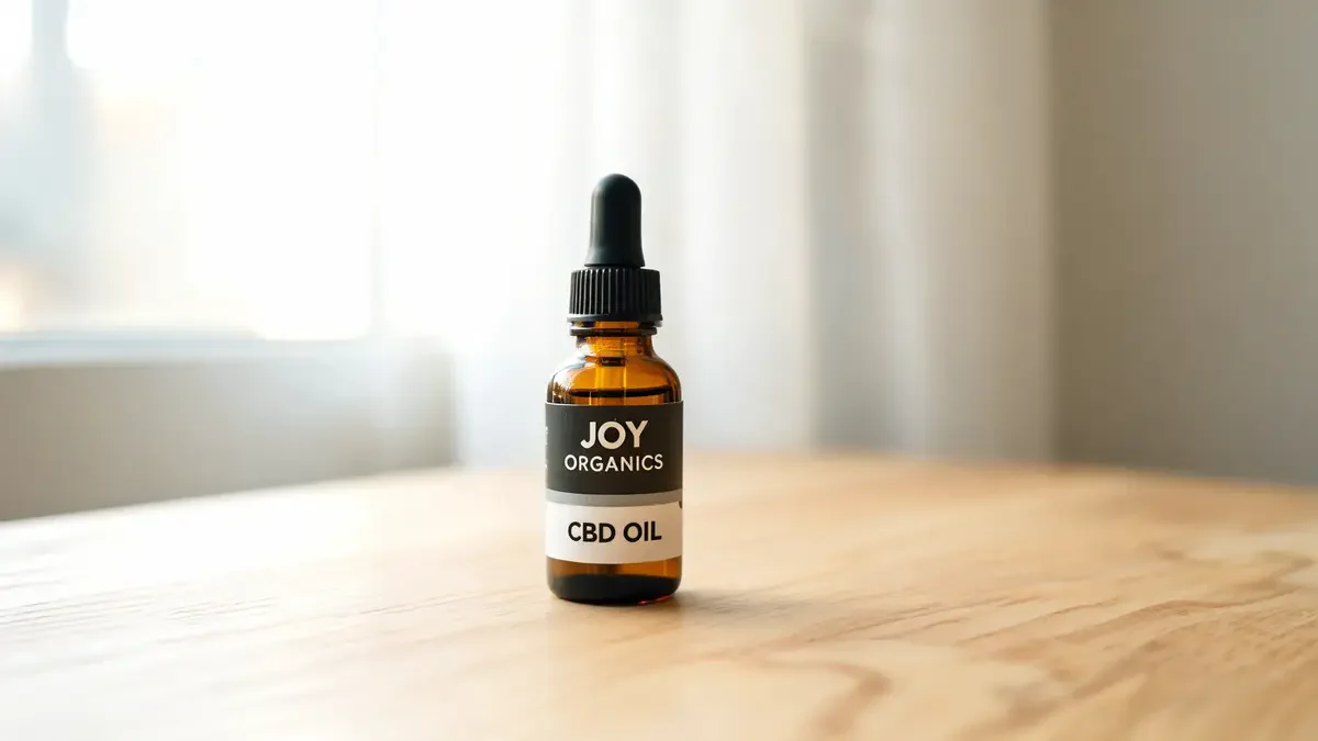 Joy Organics CBD oil bottle on light wood surface with natural window light