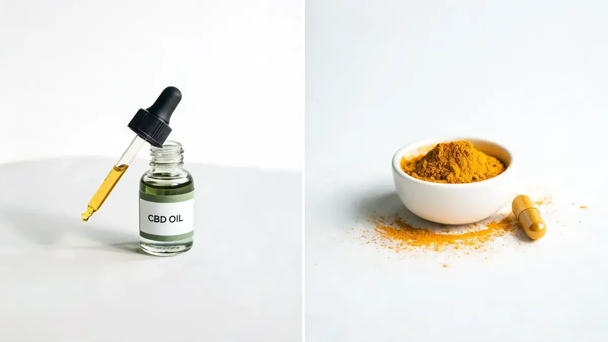 CBD oil dropper on one side and turmeric powder on the other, clean white surface