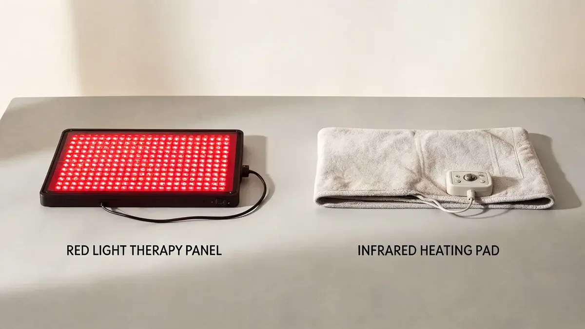 Red light therapy device on left, infrared heating pad on right, comparison shot