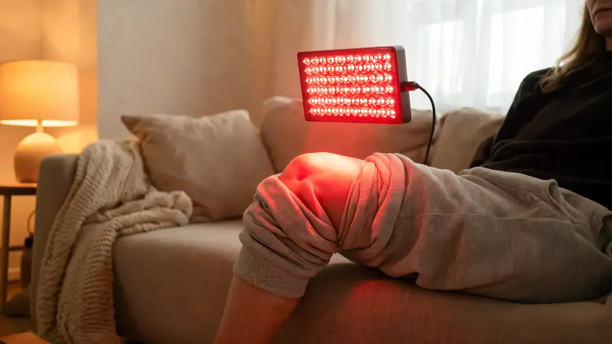 Woman using red light therapy on knee at home