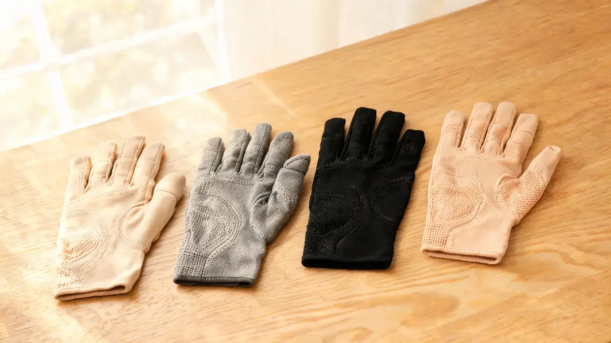 Arthritis compression gloves on wooden surface