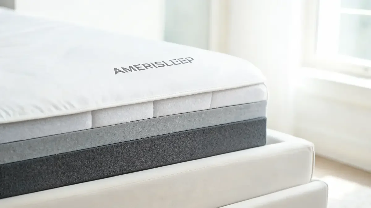 Amerisleep mattress detail shot with white bedding in warm bedroom light