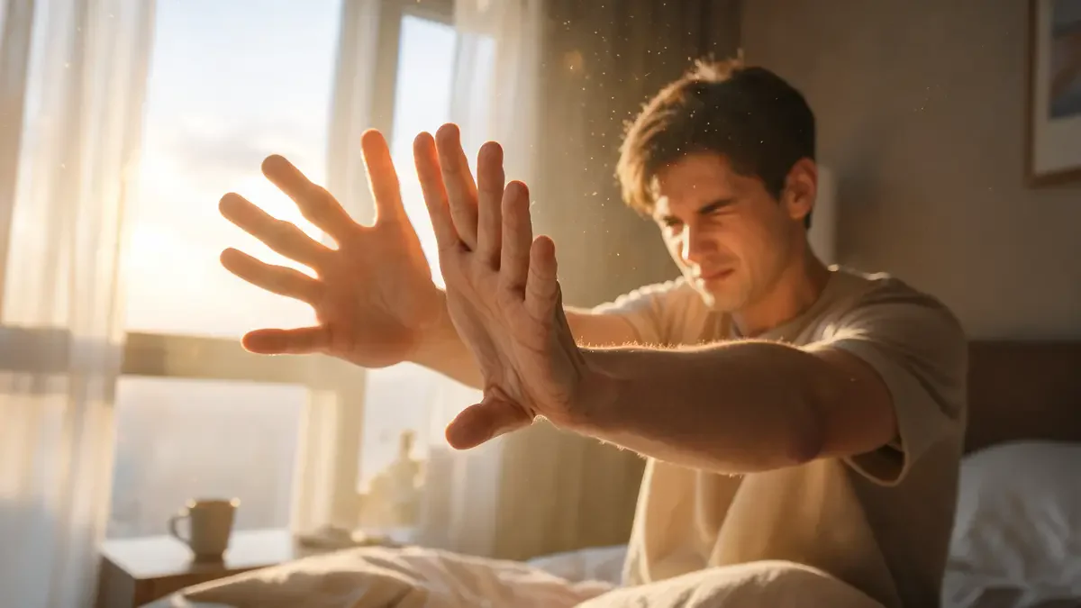Person stretching their hands and fingers in morning sunlight by a window, stiff joints visible in expression